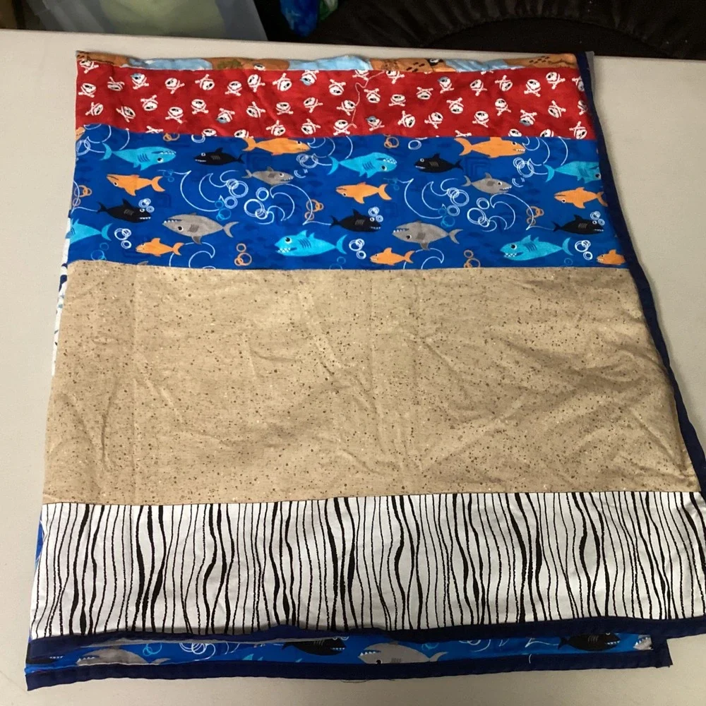 Kids Shark Pirate FishQuilt Blanket Blue Red Multi Beach Ocean Theme 44‎ x 40
